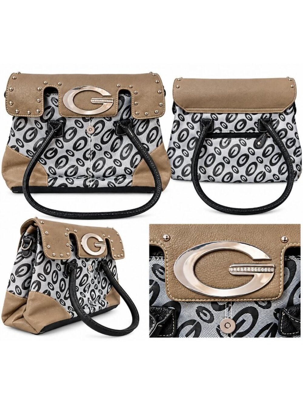 G Logo Pattern Shoulder Handbag Taupe Black and Gray with Silver Accents